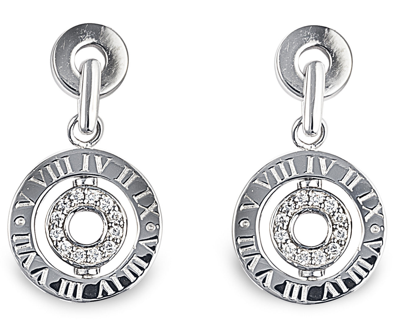 Juicy Drop Earrings in 925 Sterling Silver with Cubic Zirconia Stones and Roman Numerals. Worldwide Shipping.