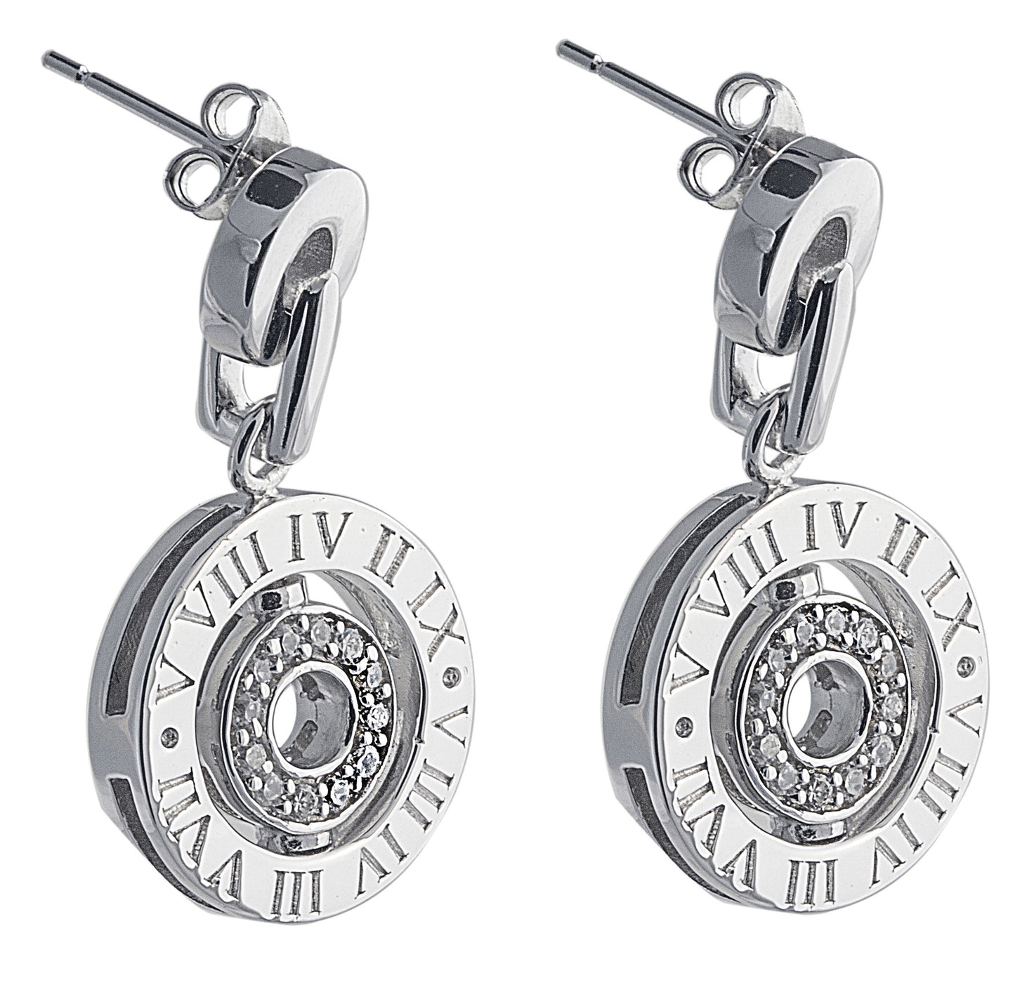 Juicy Drop Earrings in 925 Sterling Silver with Cubic Zirconia Stones and Roman Numerals. Worldwide Shipping.