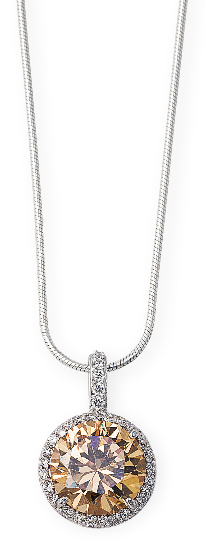 The Empire Necklace is a hanging antique style 925 sterling silver necklace featuring a large regal champagne cubic zirconia stone. Worldwide shipping