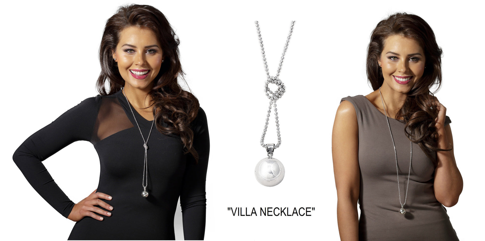 Luxurious Harmony Villa Set in 925 Sterling Silver. Long ball necklace and matching stud earrings. Worldwide shipping from Australia. Affordable luxury jewellery by Bellagio & Co.